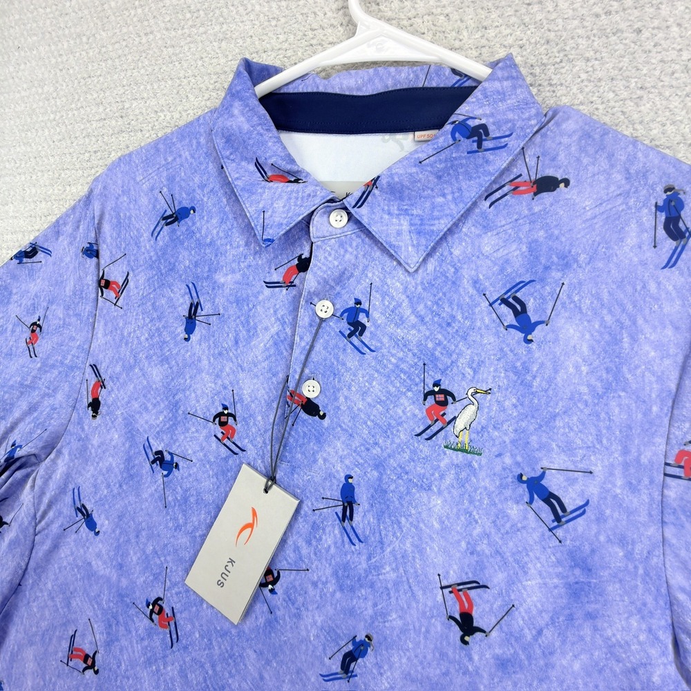 NWT KJUS Men Skier Polo Shirt L 52 Blue Ski Print UPF 50+ Stretch Performance